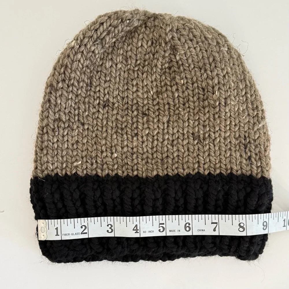 Handmade Knit Beanie – Taupe & Black Cozy Winter Hat